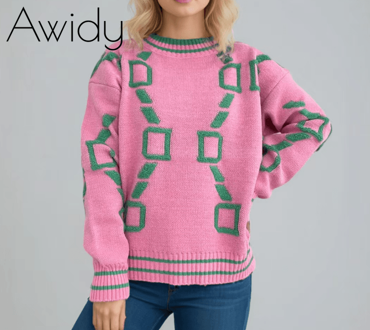 Printed Round-Neck Sweater--Clearance pink One Size