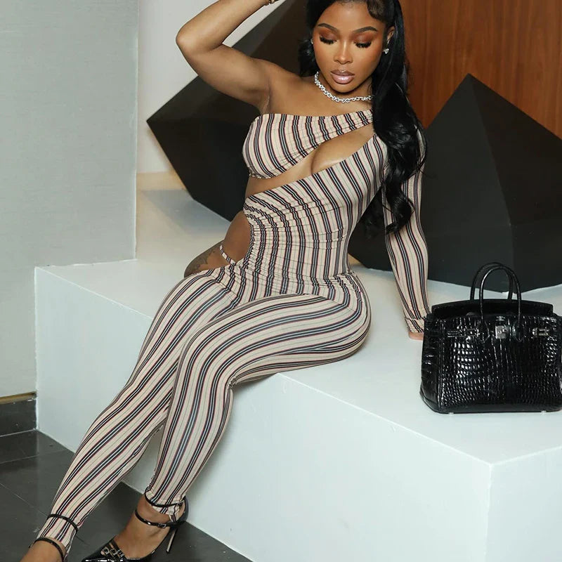 Asymmetric Striped Cut-Out Jumpsuit