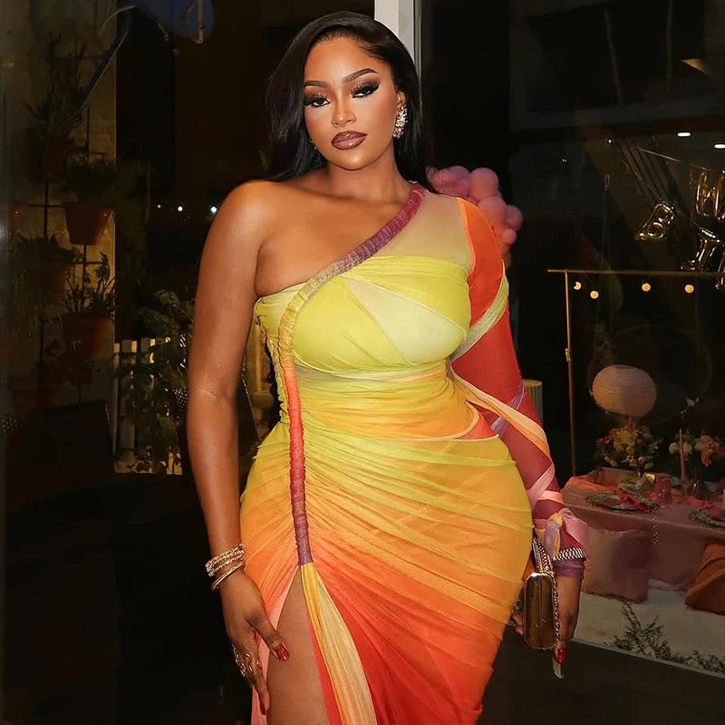 Ombre One-Shoulder Draped Mesh Dress