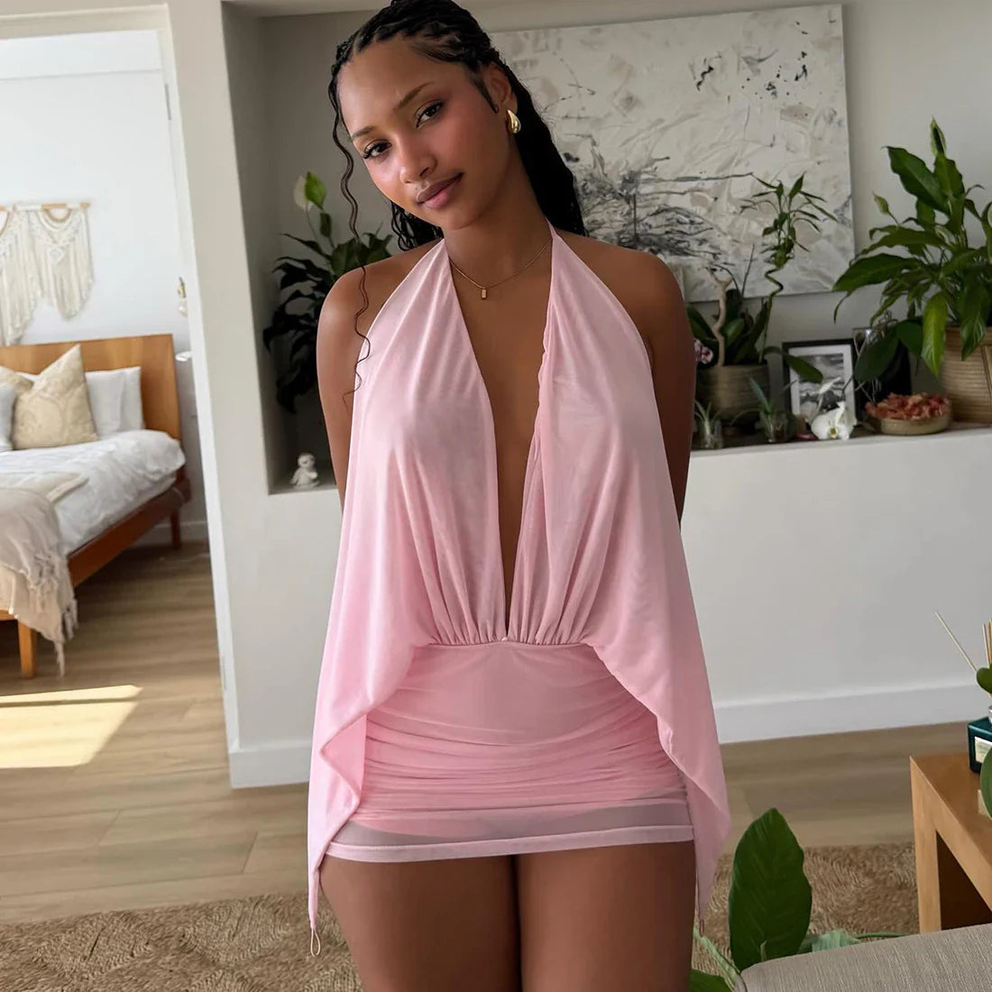 Halter Plunge Drape Mini Dress