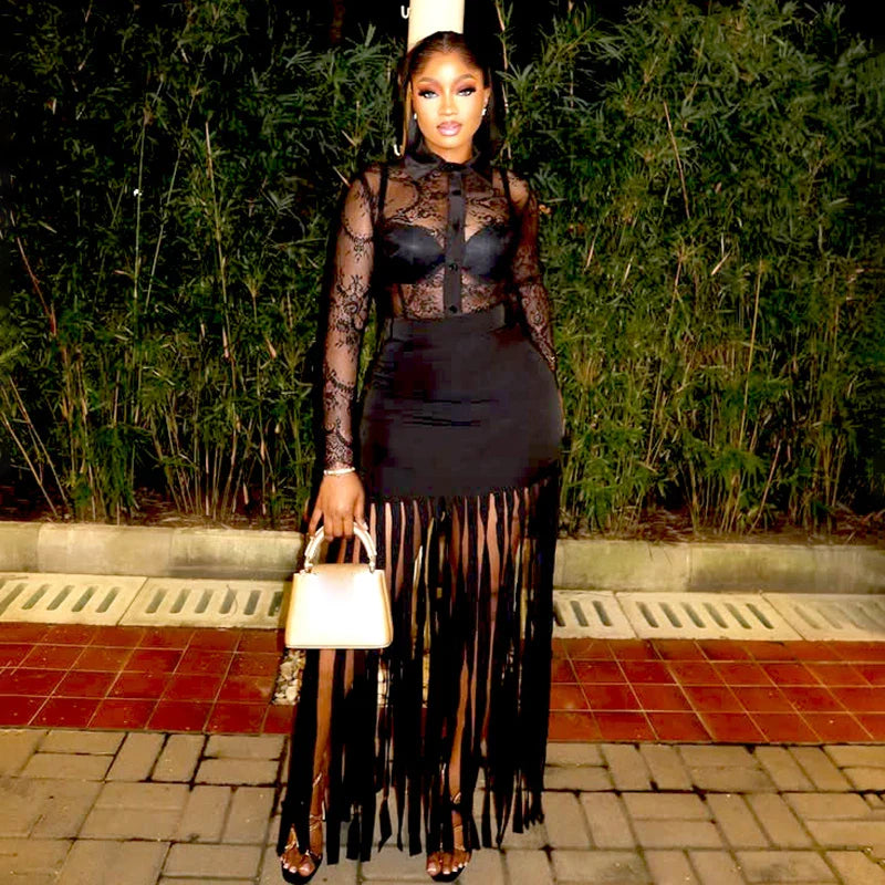 Fringe Skirt Lace Top Set