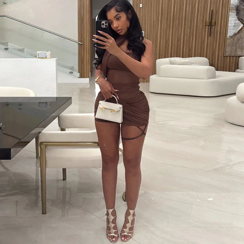 Mesh Wrap Halter Mini Dress