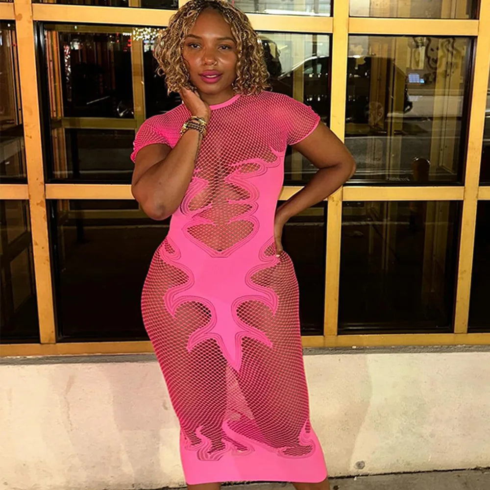 Flame Print Mesh Bodycon Dress