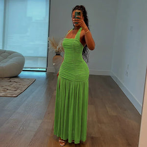 Lime Ruched Halter Maxi Dress