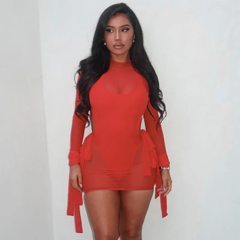 Sheer Lace-Up Dress + Bodysuit Set