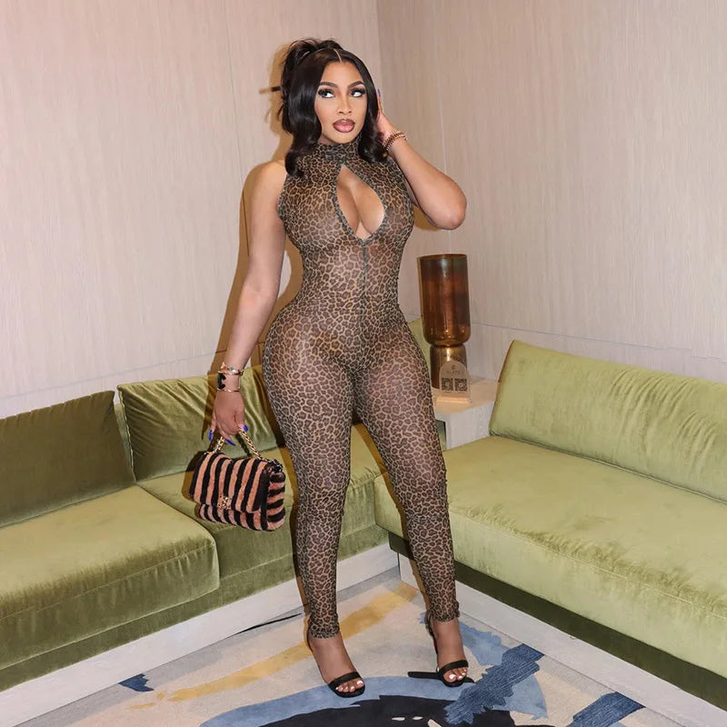 Leopard Mesh Cut-Out Jumpsuit