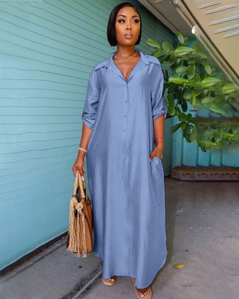 Side Slits Maxi Denim Dress Denim Blue