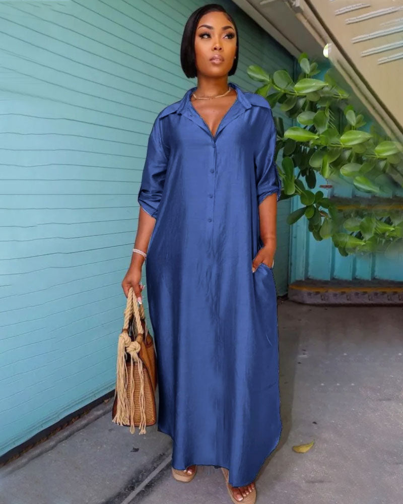 Side Slits Maxi Denim Dress Dark Denim Blue