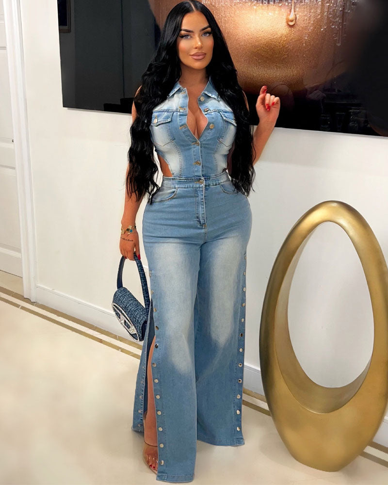 Snap It Out Wide Leg Denim Jumpsuit