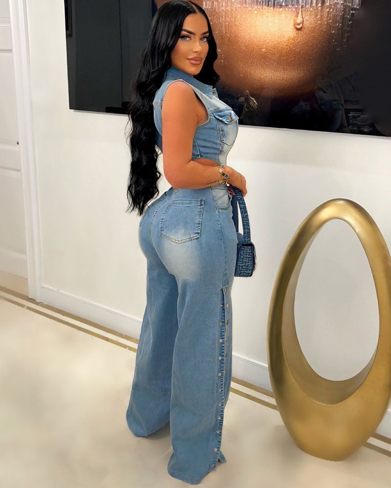 Snap It Out Wide Leg Denim Jumpsuit