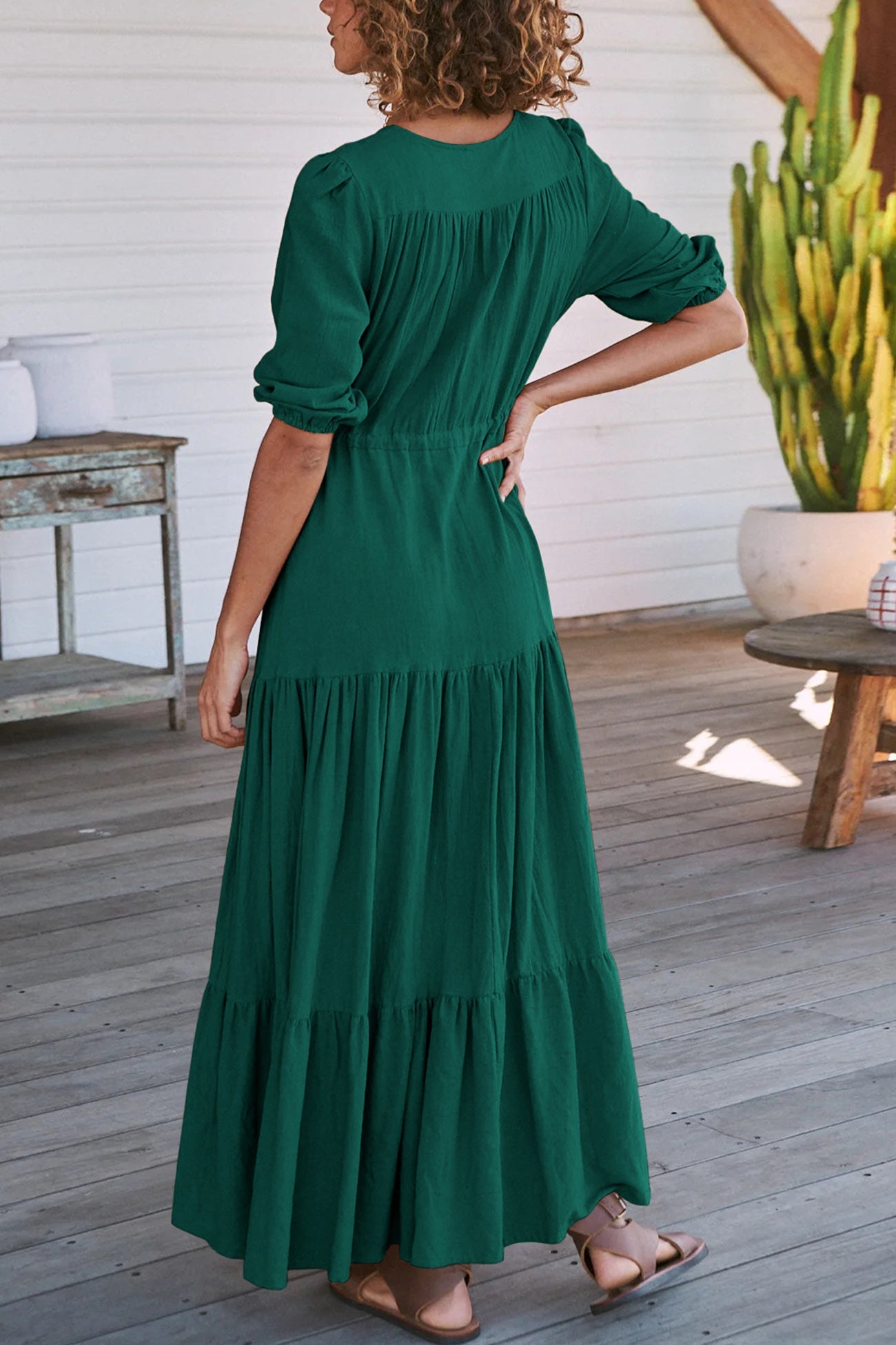 Solid Button Down Tiered Half Sleeve Dress