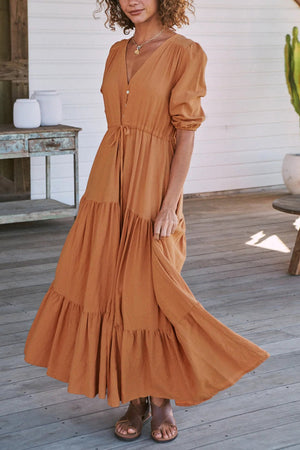 Solid Button Down Tiered Half Sleeve Dress