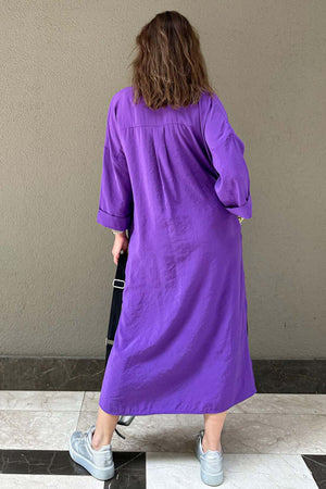 Solid Color Single-breasted Slit Shirt Dress