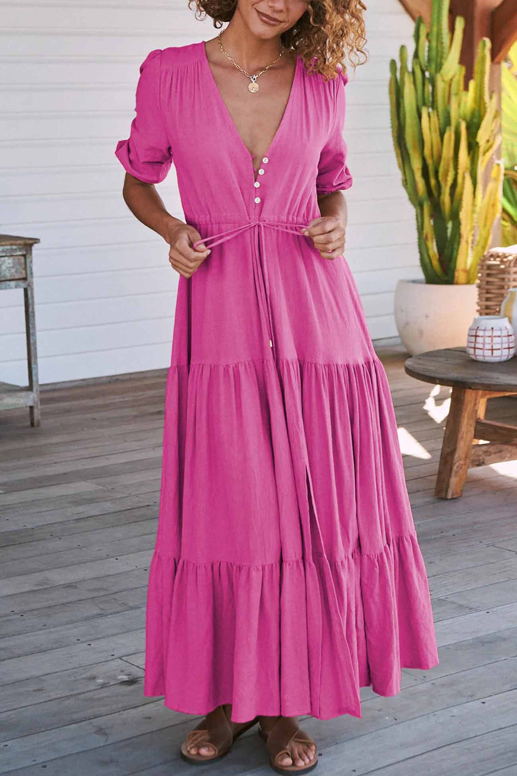 Solid Button Down Tiered Half Sleeve Dress