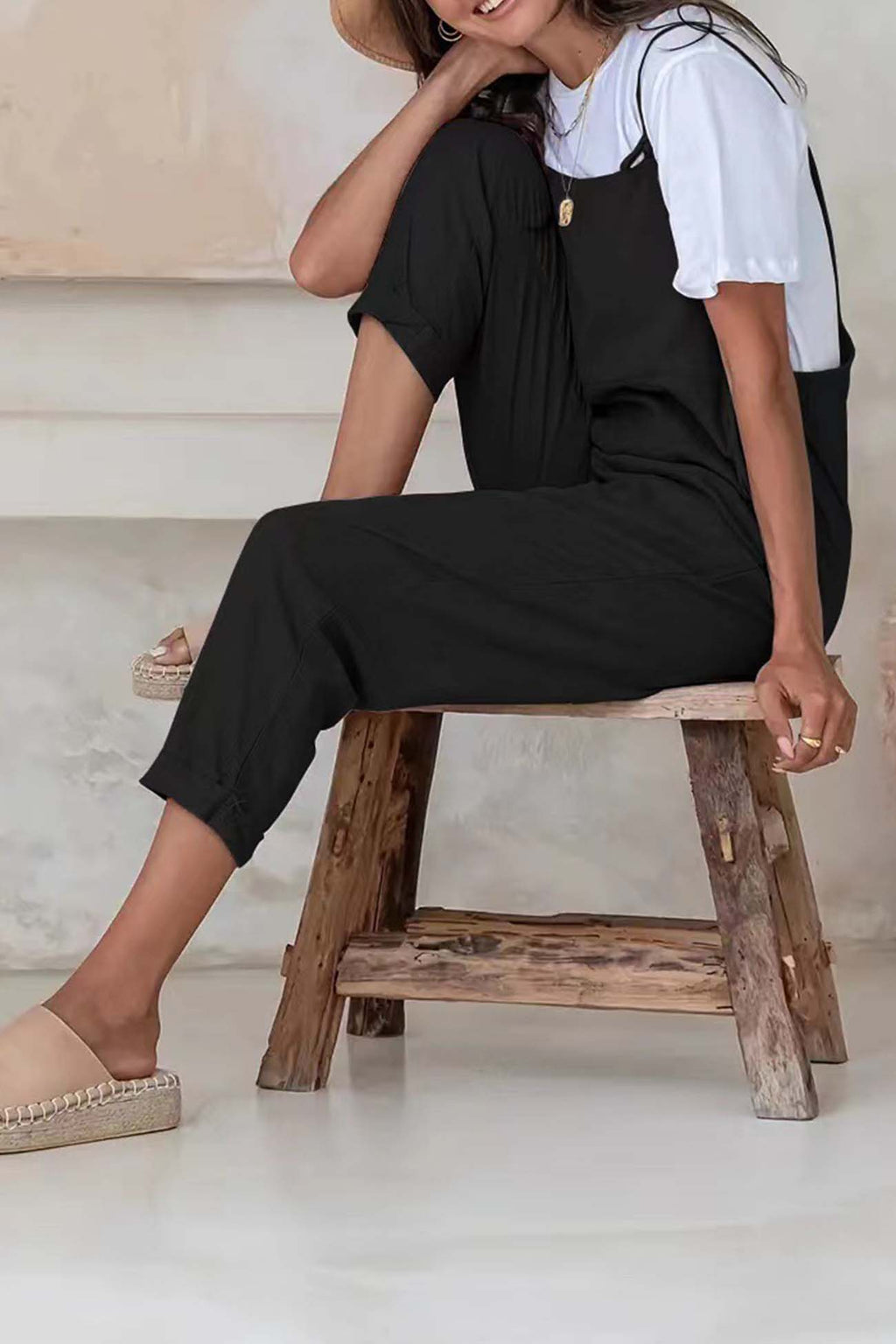 Solid Color Pocket Strappy Jumpsuits