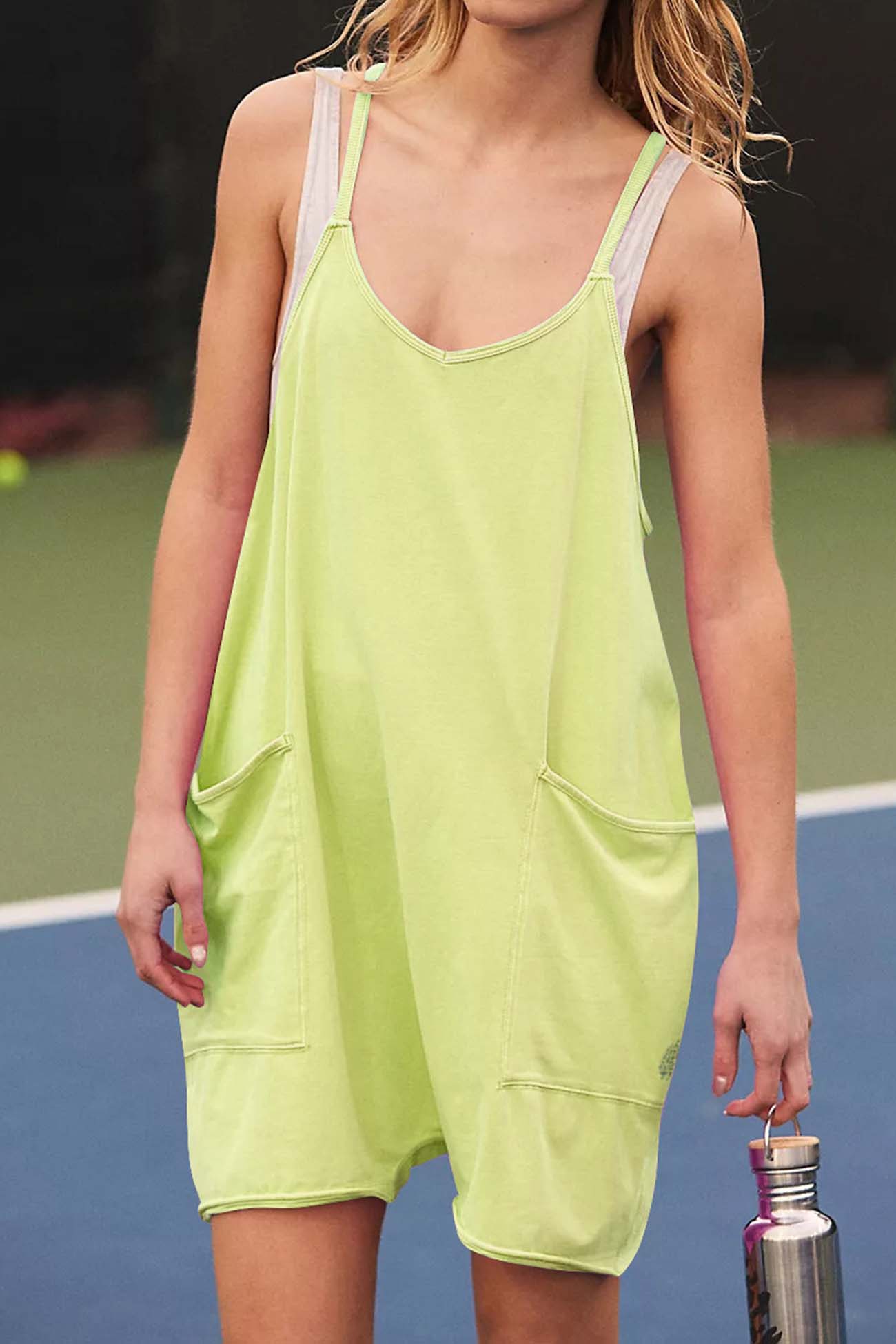 Solid Color V Neck Pocket Cami Rompers