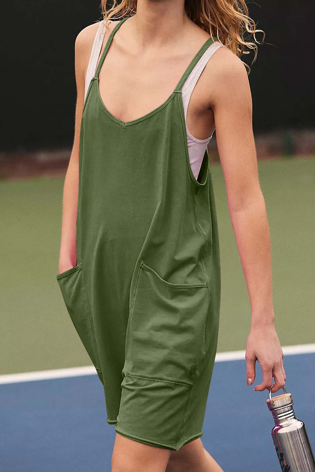 Solid Color V Neck Pocket Cami Rompers