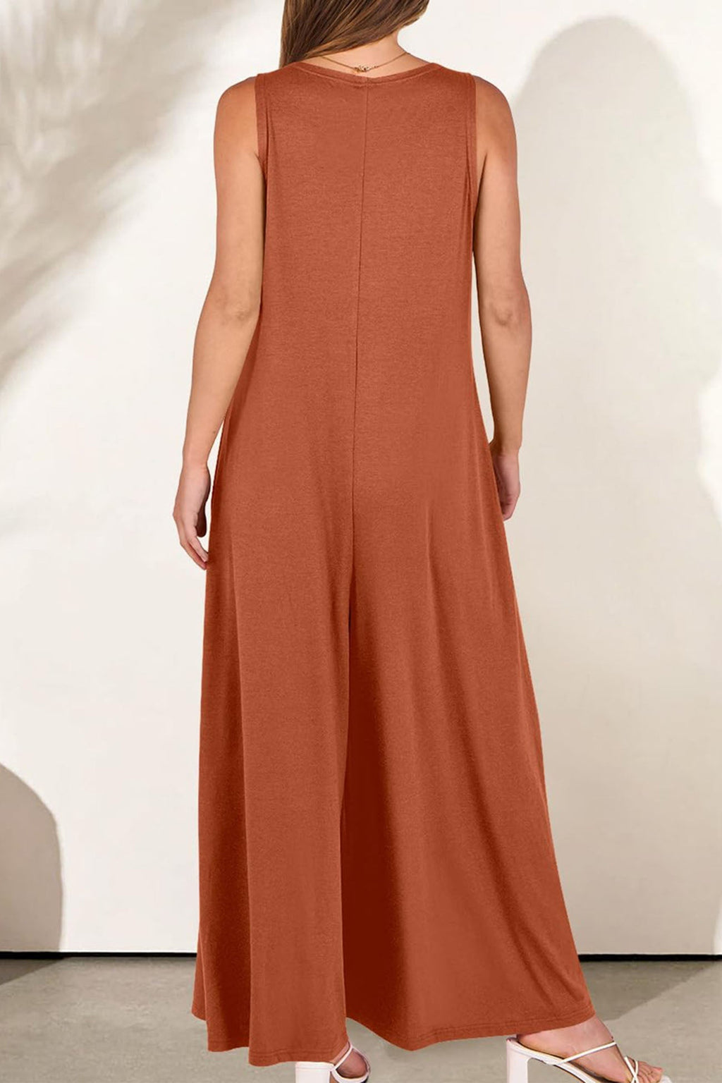 Solid V Neck Pocket Wide Leg Jumpsuits