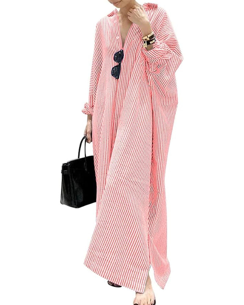 Striped Button Long Casual Shirt Dress Red