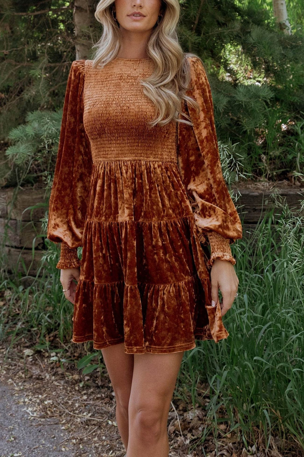 Suede Puff Sleeve Tiered Ruffle Dress