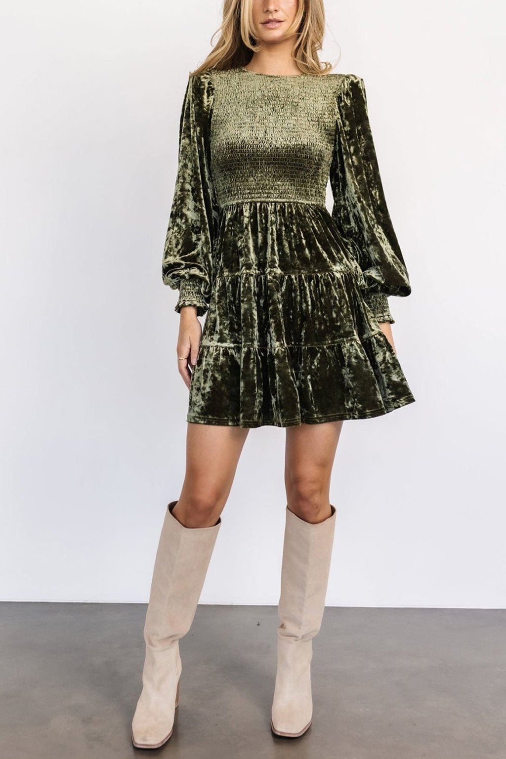 Suede Puff Sleeve Tiered Ruffle Dress