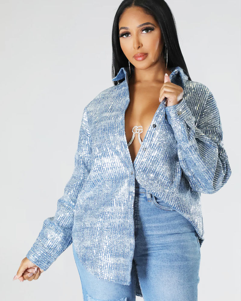 Denim Sequin Shirt Lightblue One size