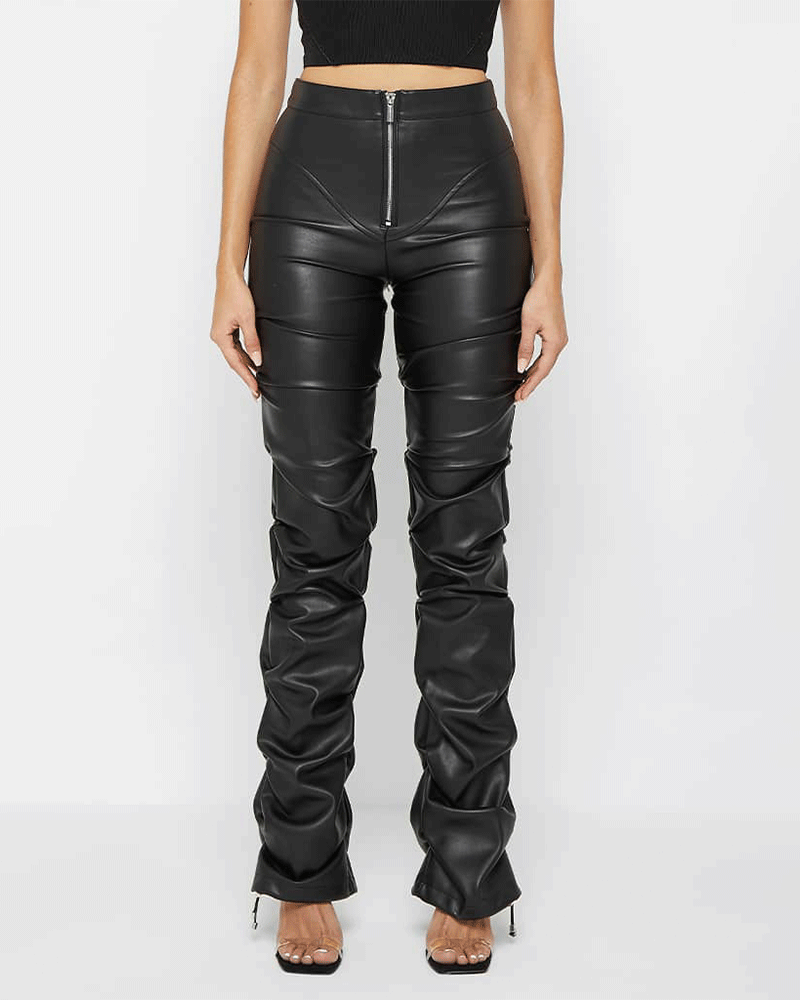 Tacked Leather Flared Trousers Black