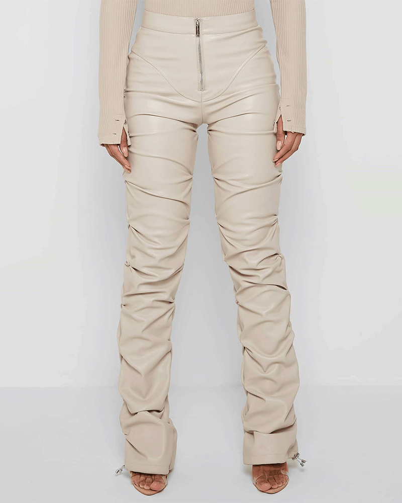 Tacked Leather Flared Trousers Beige