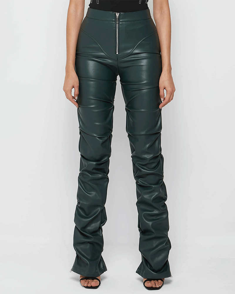 Tacked Leather Flared Trousers Dark Green