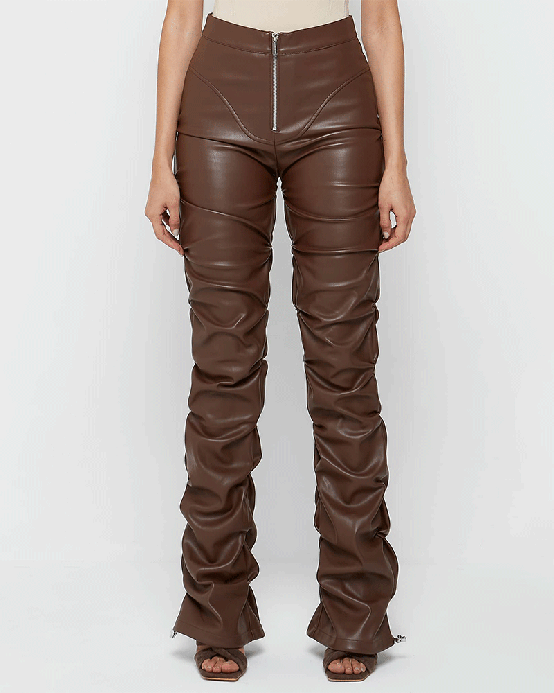 Tacked Leather Flared Trousers Coffee