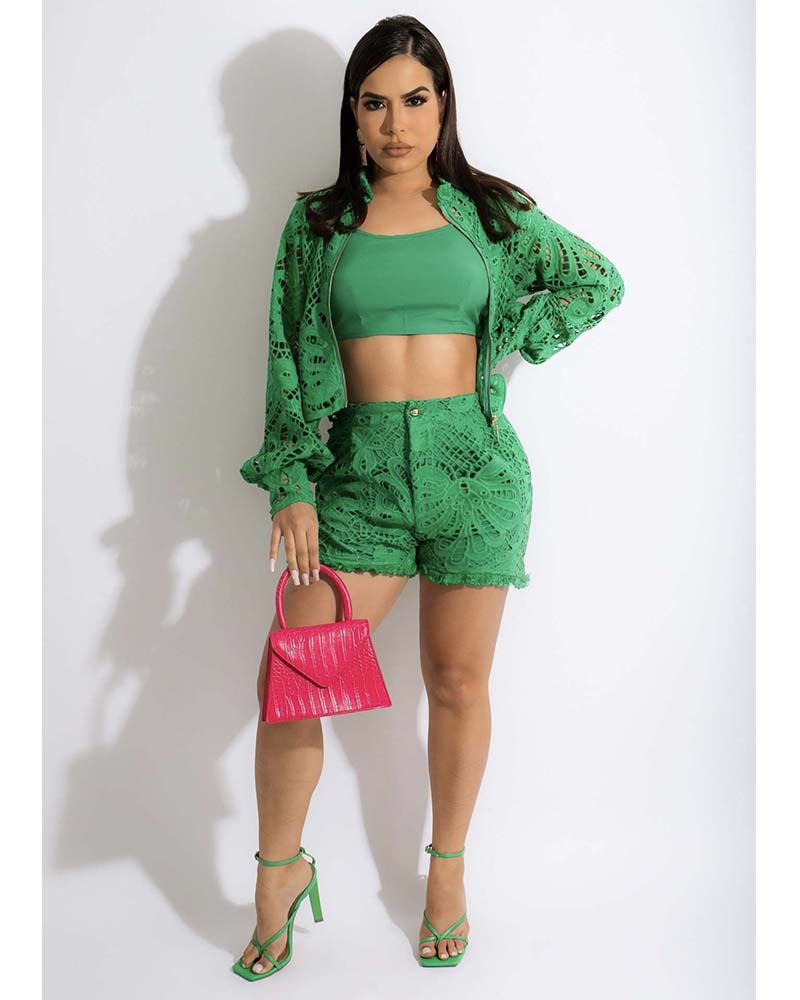 Textured Lace Short Set Green