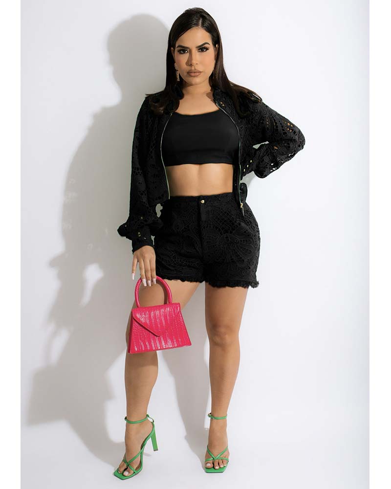 Textured Lace Short Set Black