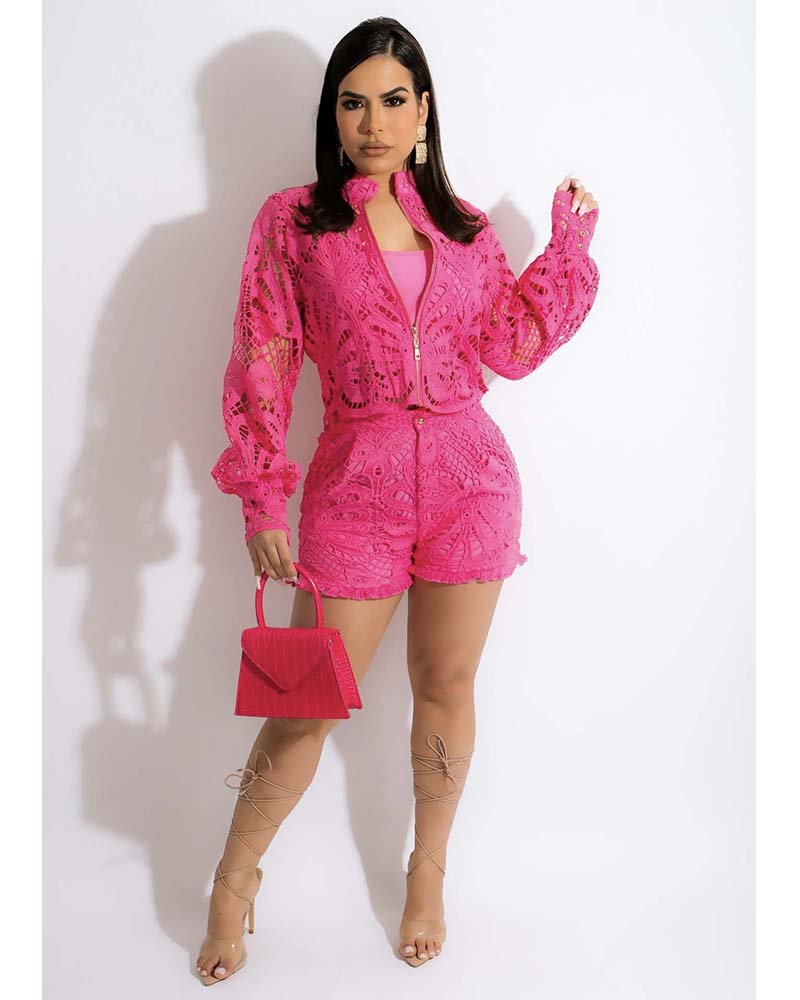 Textured Lace Short Set Rose Red