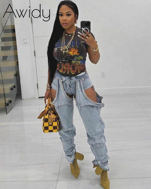 Thigh High Double Denim Chaps Light Denim Blue L