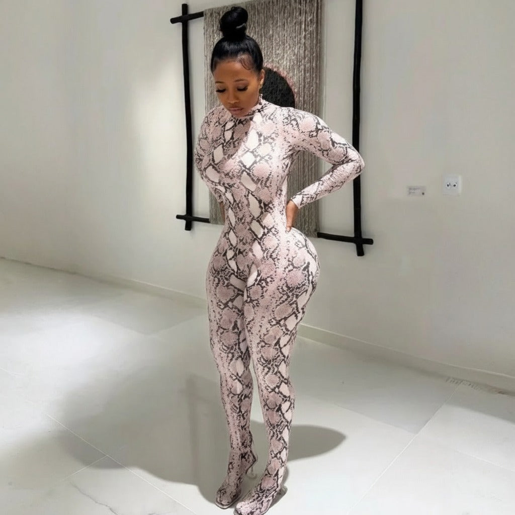Snake Print Mock Neck Jumpsuit