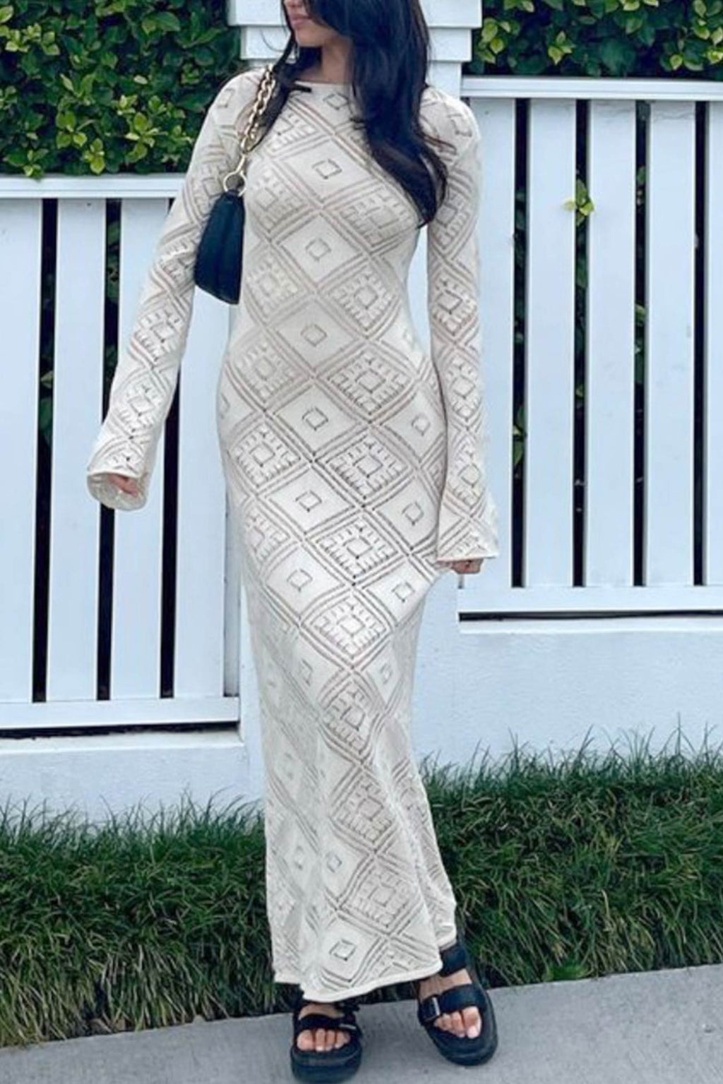 V Neck Crochet Checkered Hollow Out Midi Dress