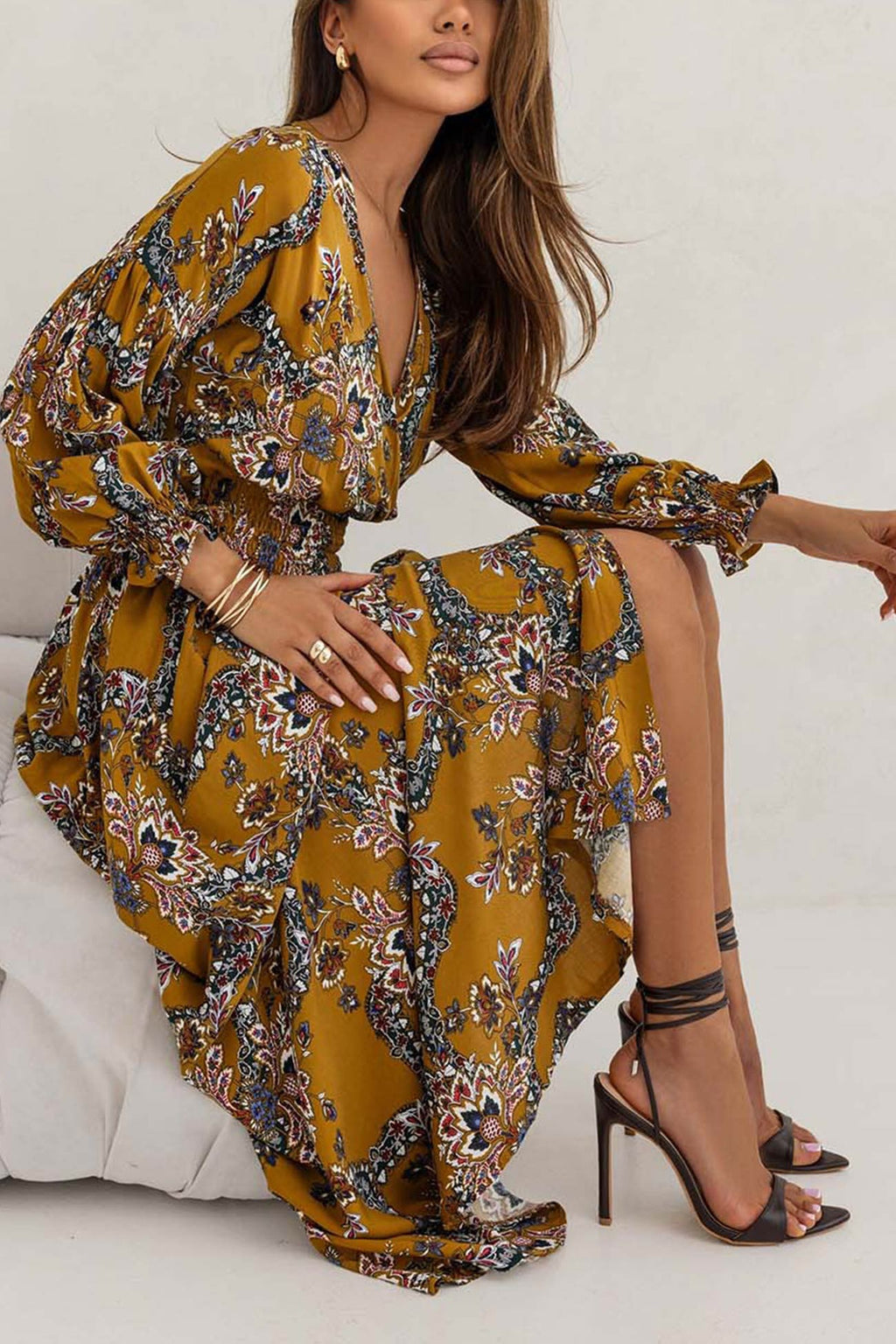 V Neck Floral Print Puff Sleeve Slit Dress