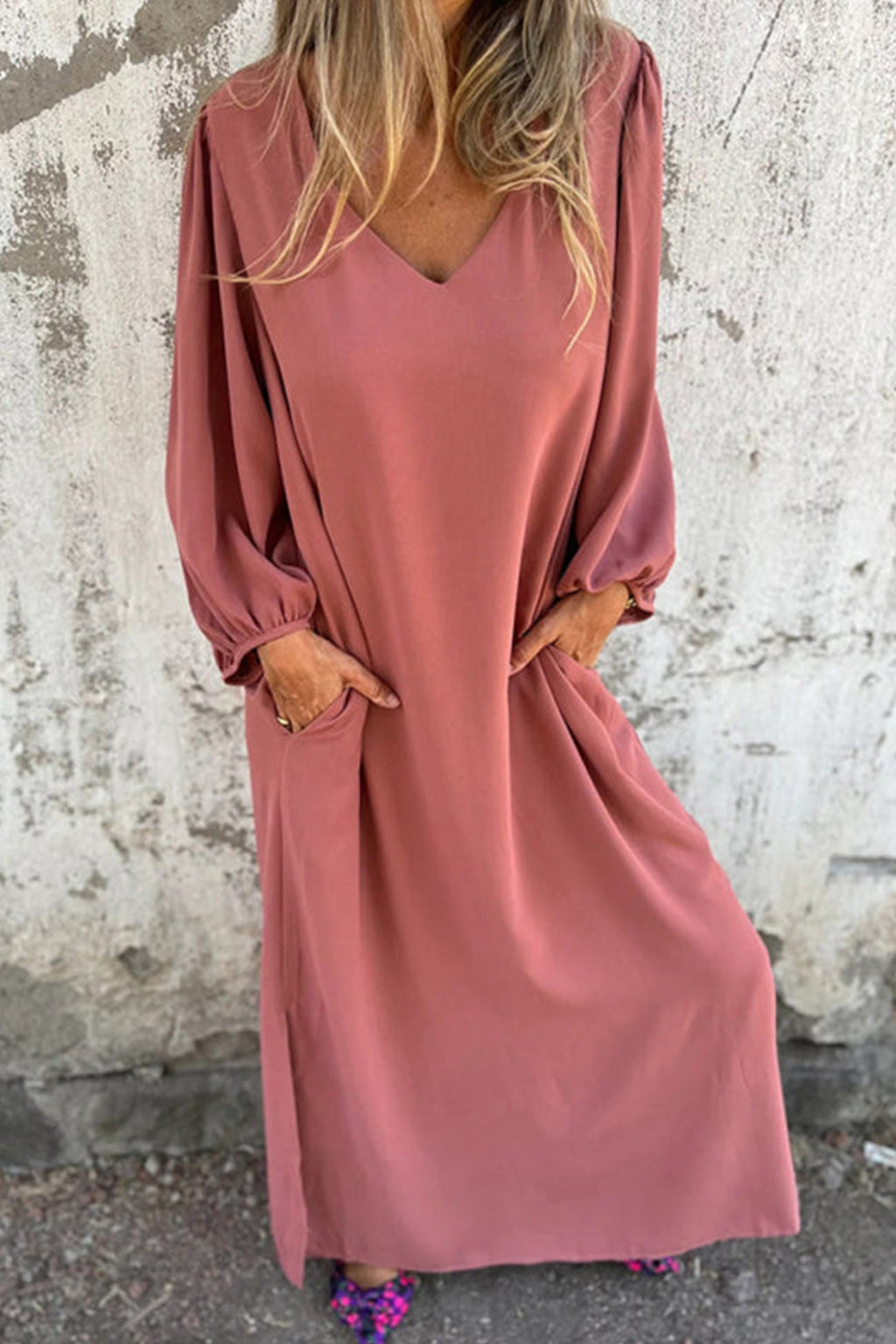 V Neck Lantern Sleeve Maxi Dress
