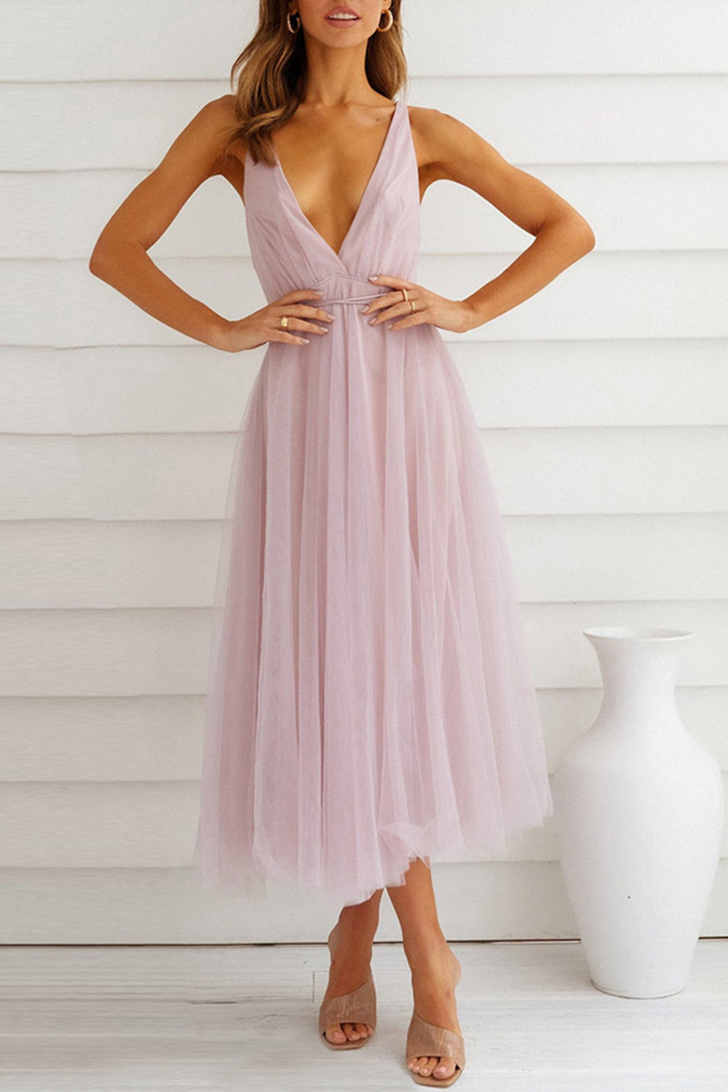 V Neck Mesh Tie-up Cami Dress