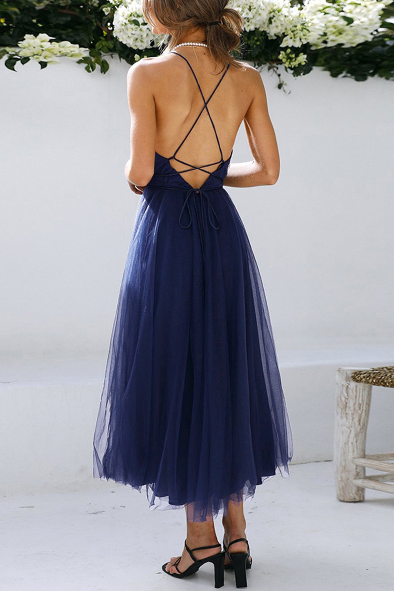 V Neck Mesh Tie-up Cami Dress