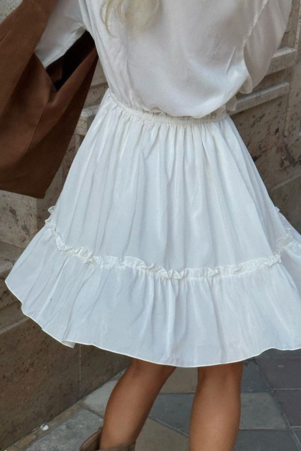 V Neck Pleated Trumpet Sleeve Ruffle Dress