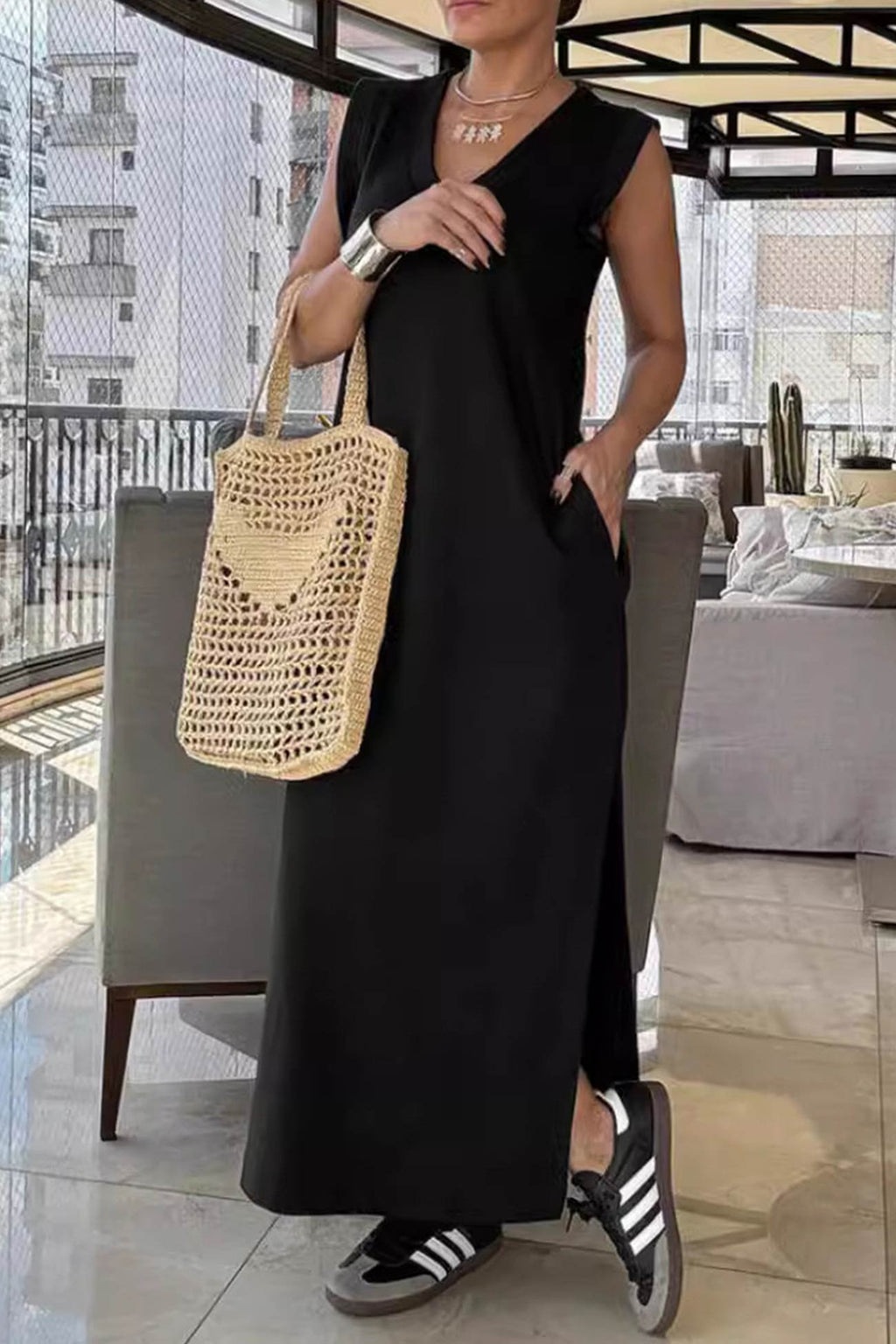 V Neck Pocketed Side Slit Tank Dress
