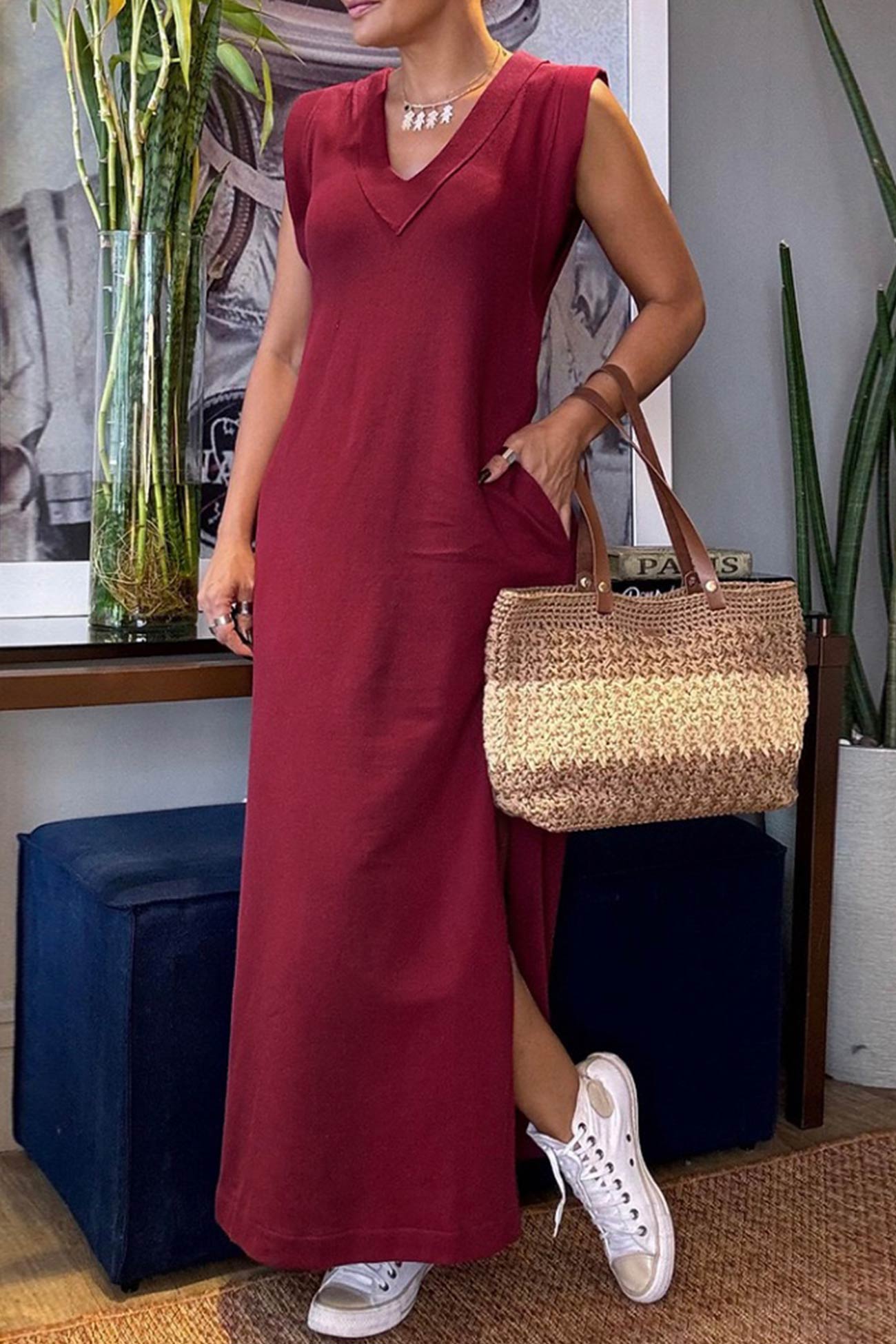 V Neck Pocketed Side Slit Tank Dress