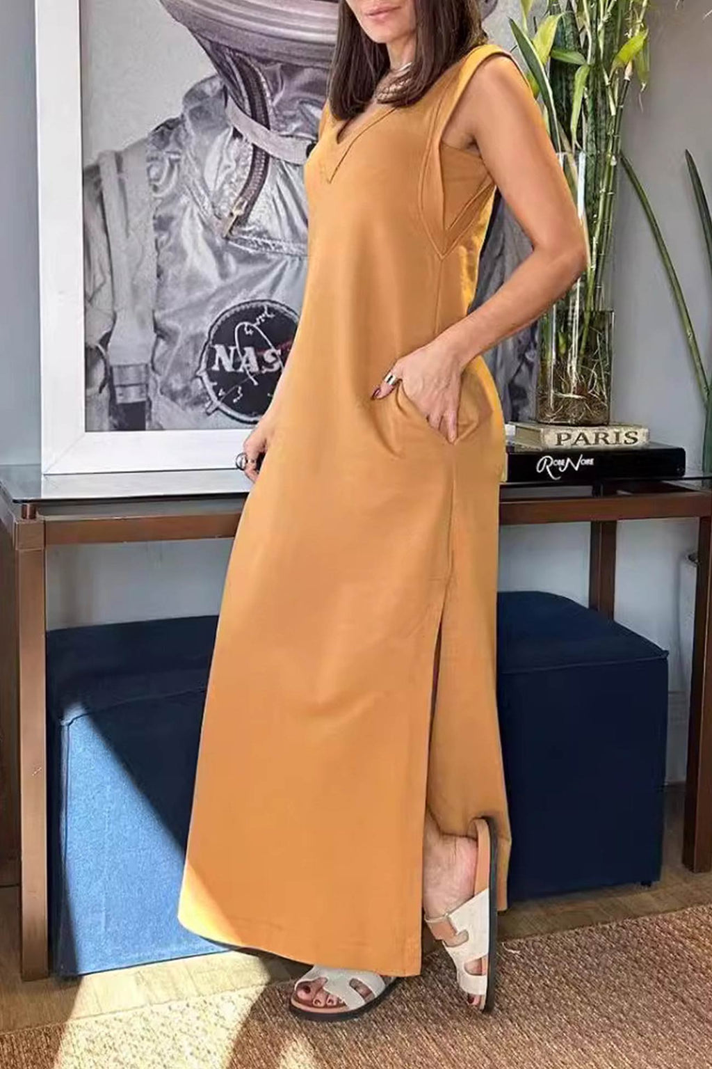V Neck Pocketed Side Slit Tank Dress