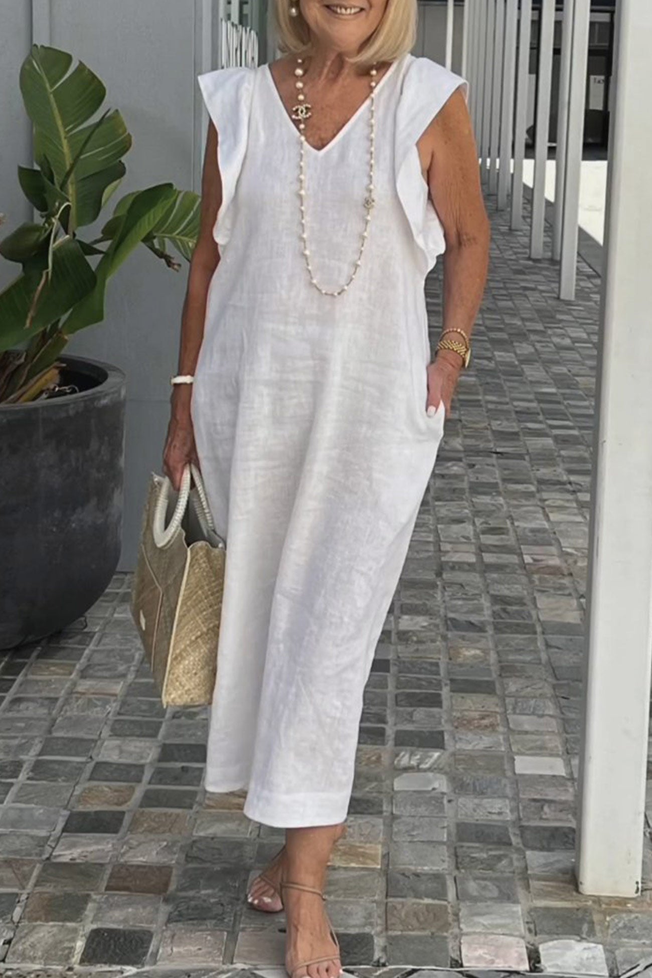 V Neck Ruffle Sleeveless Linen Dress