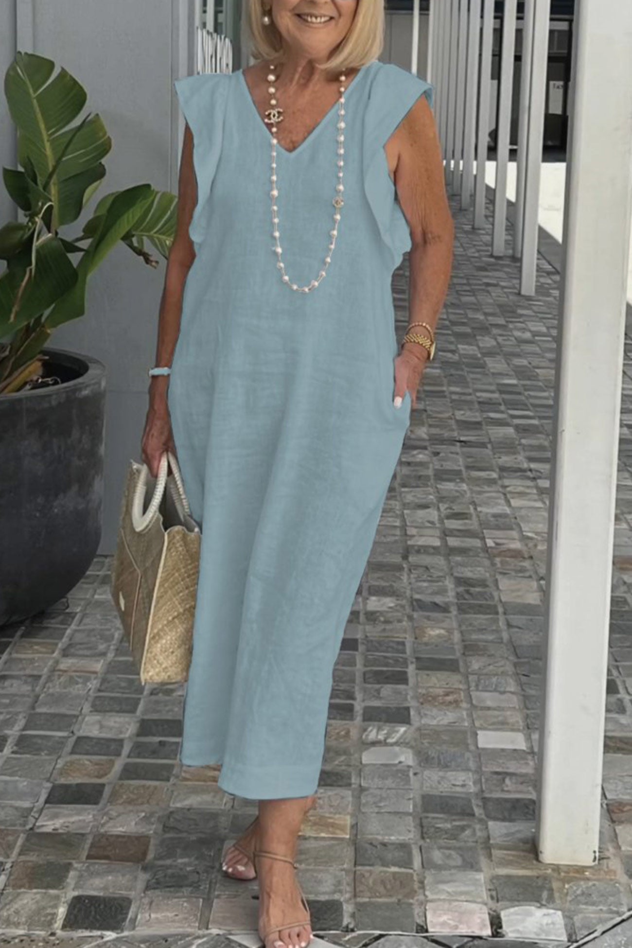 V Neck Ruffle Sleeveless Linen Dress