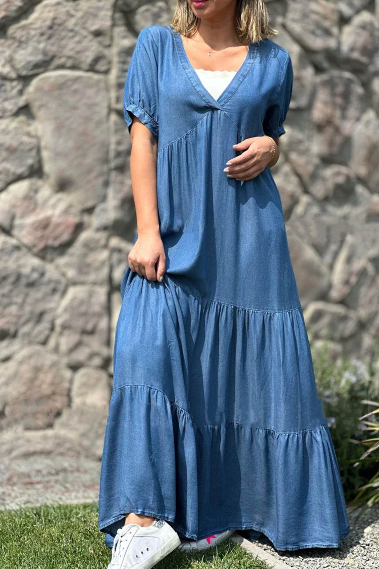V Neck Short Sleeve Faux Denim Tiered Dress