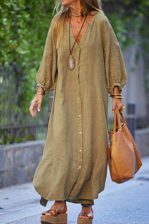 V Neck Single-breasted Long Sleeve Dress