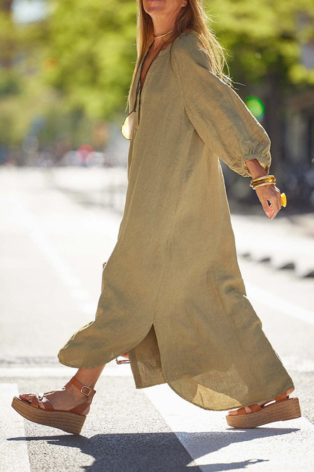 V Neck Single-breasted Long Sleeve Dress
