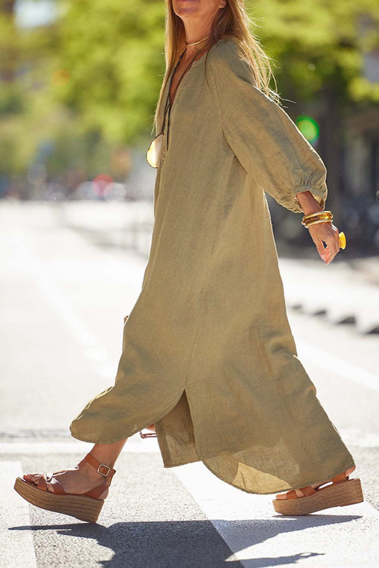 V Neck Single-breasted Long Sleeve Dress